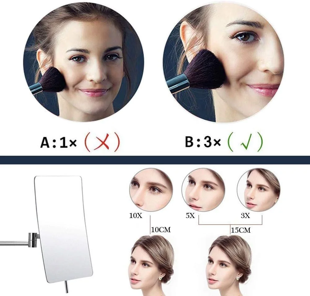 آینه اصلاح SKipdr برای حمام، آینه آرایشی دیواری با بزرگنمایی 3 برابری، چرخش 360 درجه، تاشو و بازشو مناسب هتل و میز آرایش، کروم