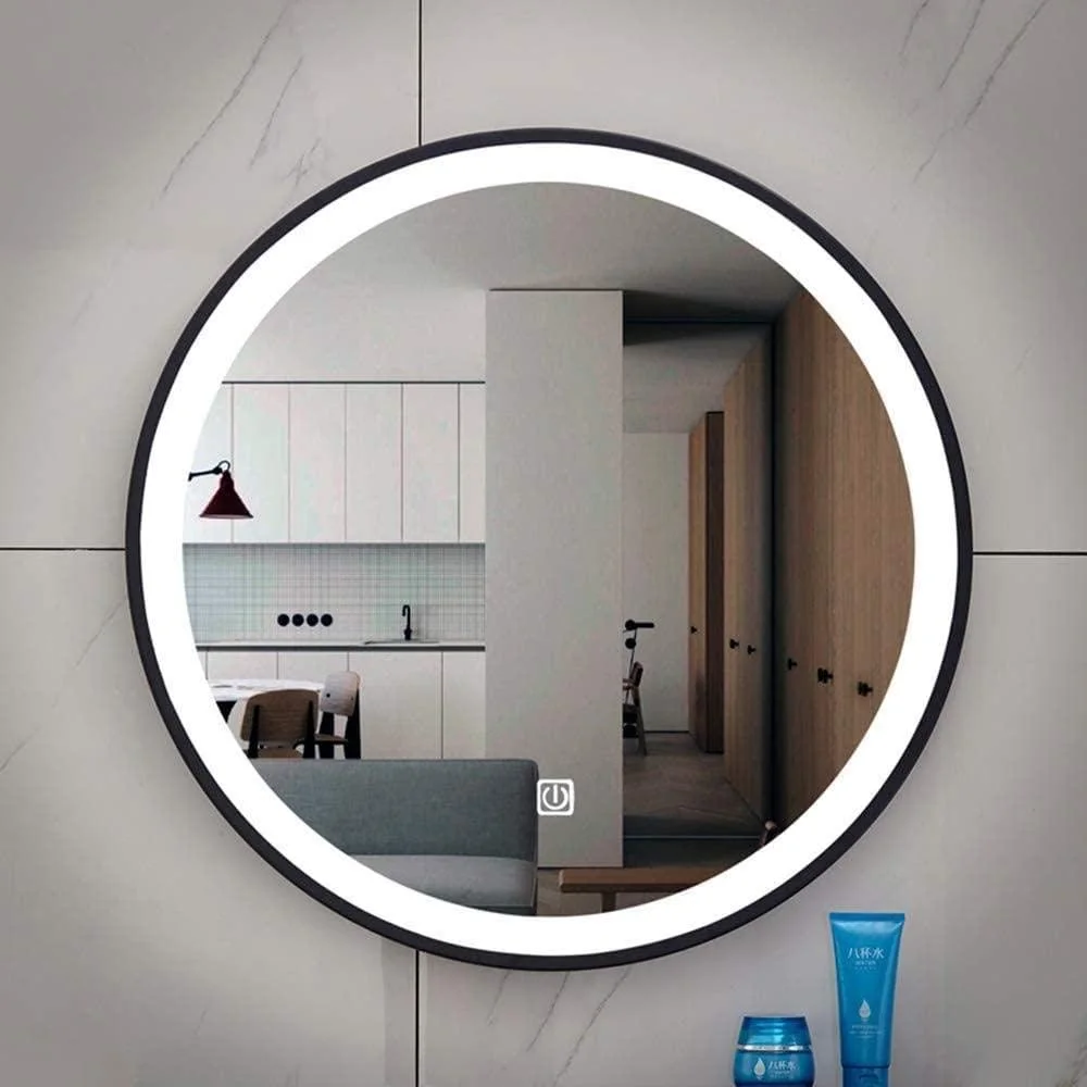 آینه گرد چراغ دار LED با نور سفید تک لمسی قاب مشکی برای روشویی، آینه هوشمند حمام، آینه حمام 50X50CM مدرن