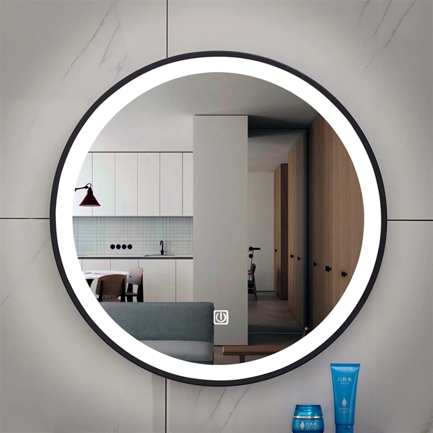 آینه روشویی SIHPAC، آینه آرایش، آینه های حمام با نور پس زمینه، آینه دیواری گرد بزرگ خود چسب