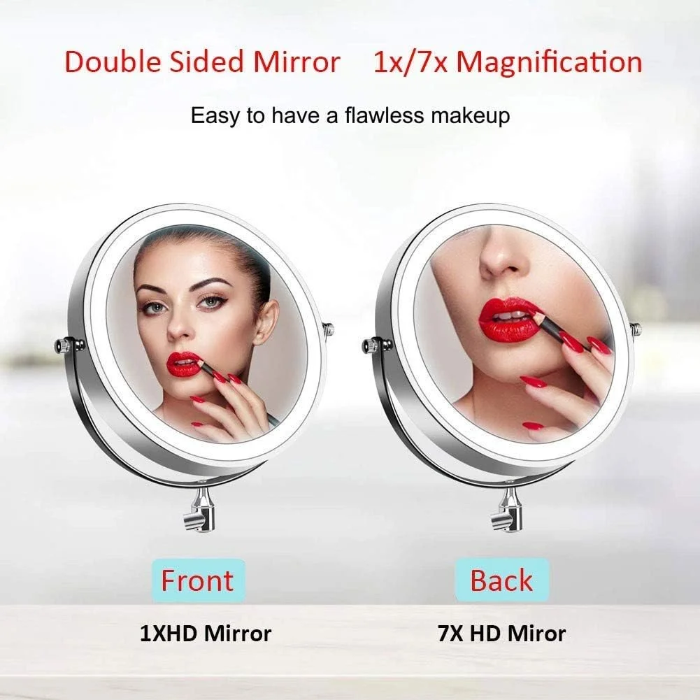 آینه اصلاح دیواری، آینه آرایشی حمام، آینه ذرهبینی گرد LED با قابلیت لمسی و تنظیم نور، بزرگنمایی 7 برابر، 8 اینچ، دو طرفه، چرخش 360 درجه، بازوی قابل افزایش آینه اصلاح دیواری، آینه آرایشی حمام، آینه ذرهبینی گرد LED با قابلیت لمسی و تنظیم نور، بزرگنمایی 7 برابر، 8 اینچ، دو طرفه، چرخش 360 درجه، بازوی قابل افزایش