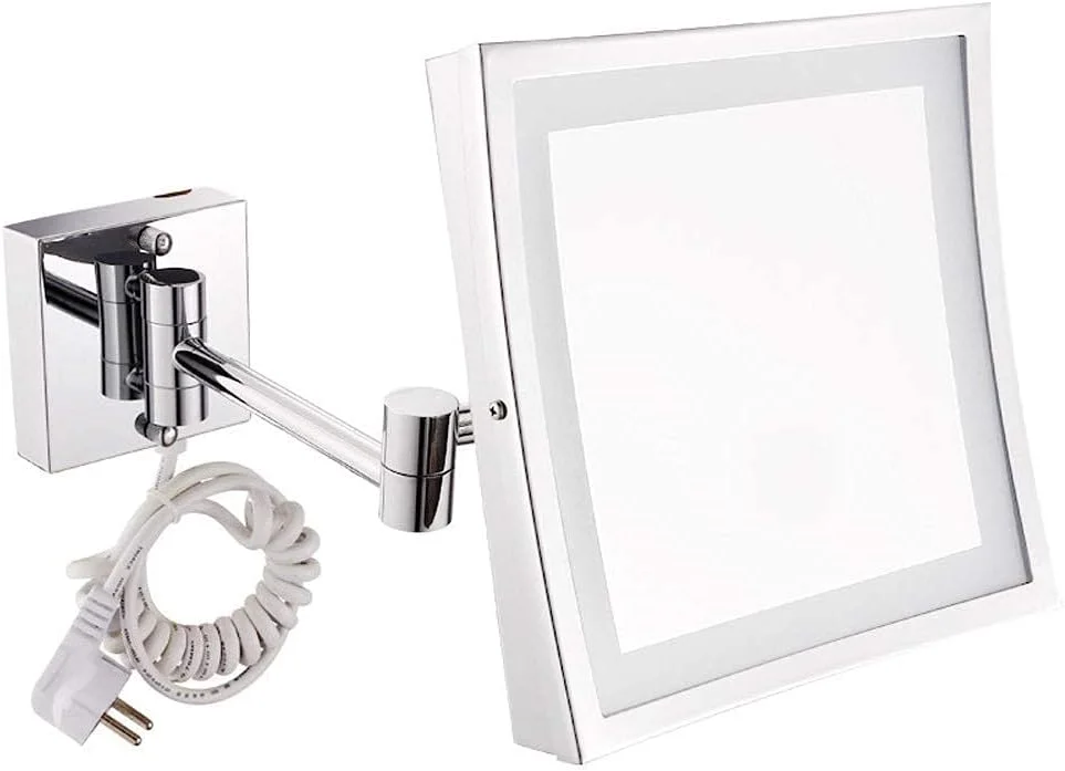 آینه آرایشی و اصلاح 8 اینچی، آینه حمام دیواری با نور LED برای میز آرایش هتل، با سطح مربعی قابل تنظیم و بزرگنمایی 3 برابری