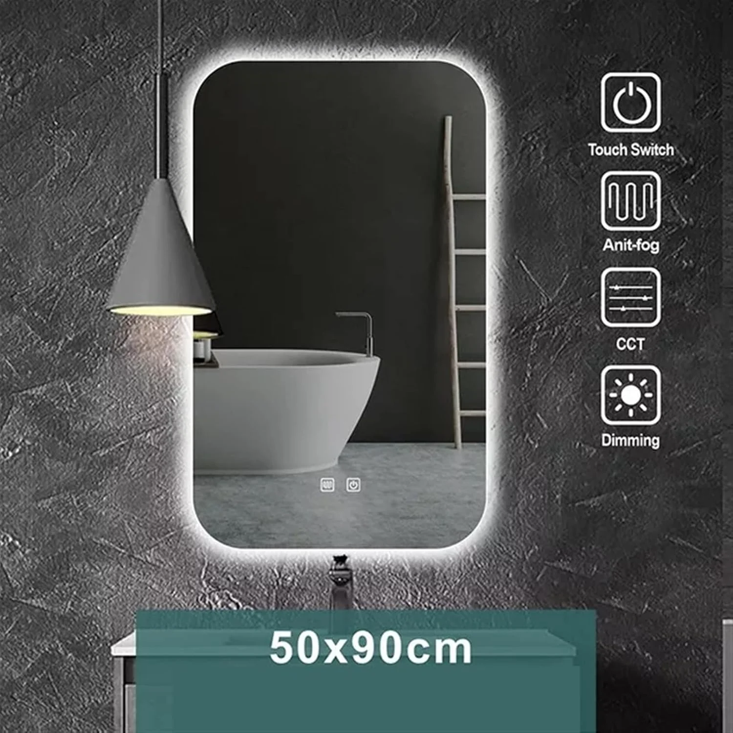 آینه حمام مستطیلی هوشمند SFALCI با نور، ضد بخار، دیمر روشنایی، سه رنگ LED، مناسب آرایش و تمام قد