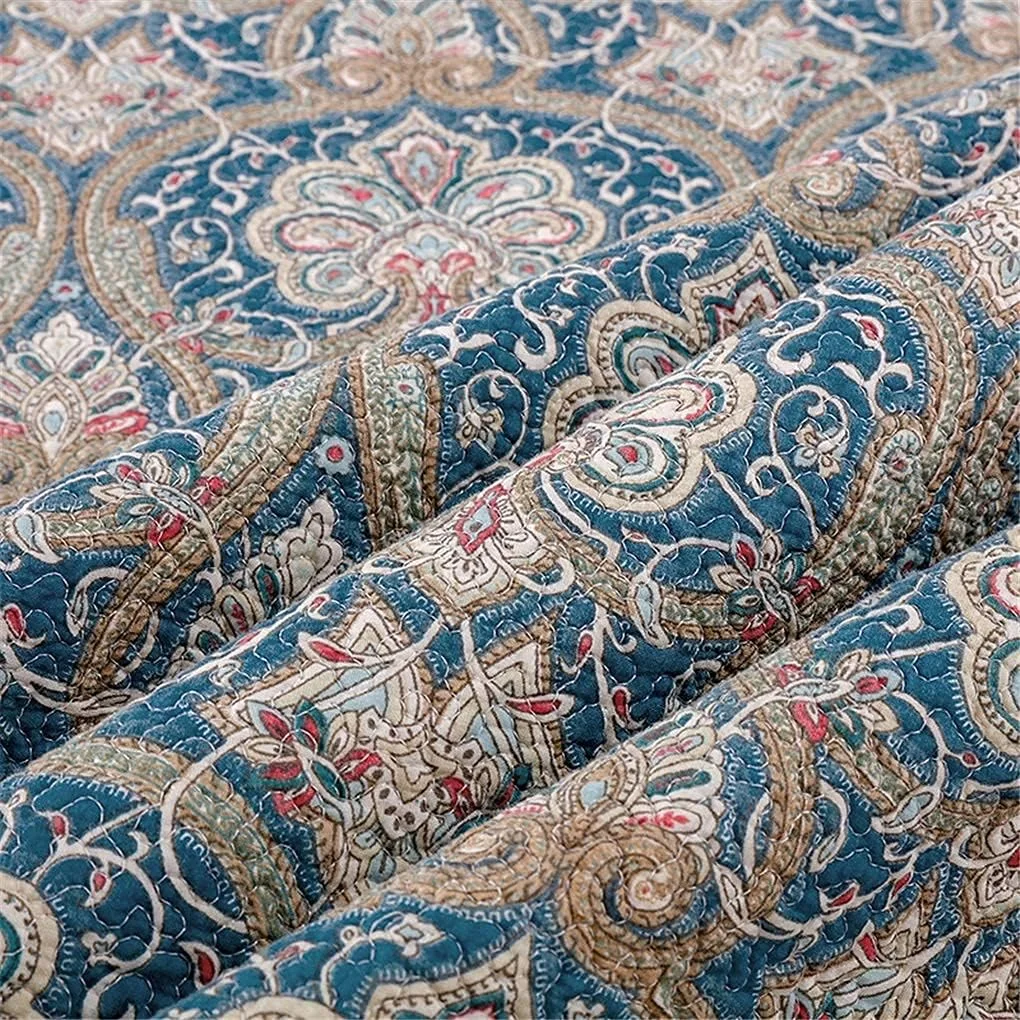 روتختی تکه دوزی سه تکه طرح بژ و آبی پنبه ای سایز کینگ به همراه 2 عدد روبالشتی، 230x250 سانتی متر