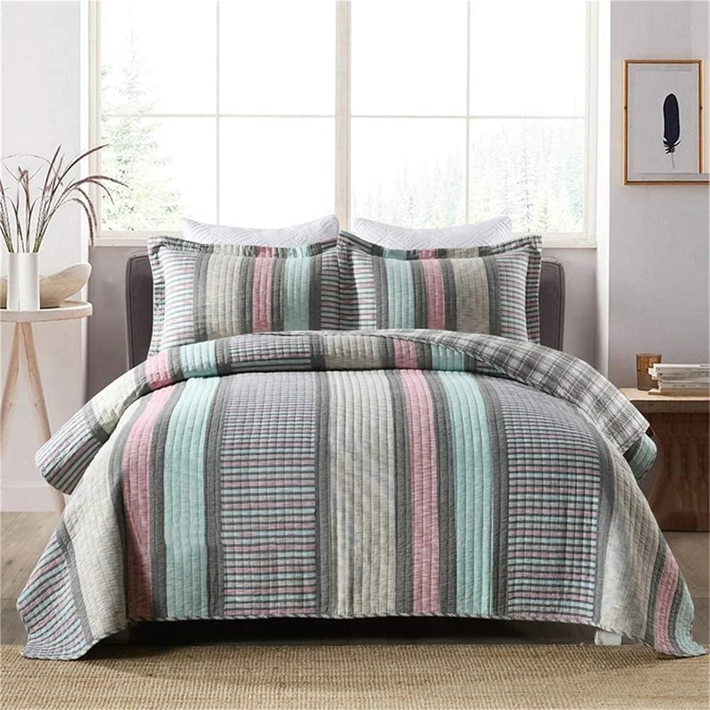 روتختی تکه دوزی سه تکه سایز کینگ، طرح راه راه بوهمی خاکستری، سبک وزن، پنبه ای، لحافی، رو تختی و رو بالشتی