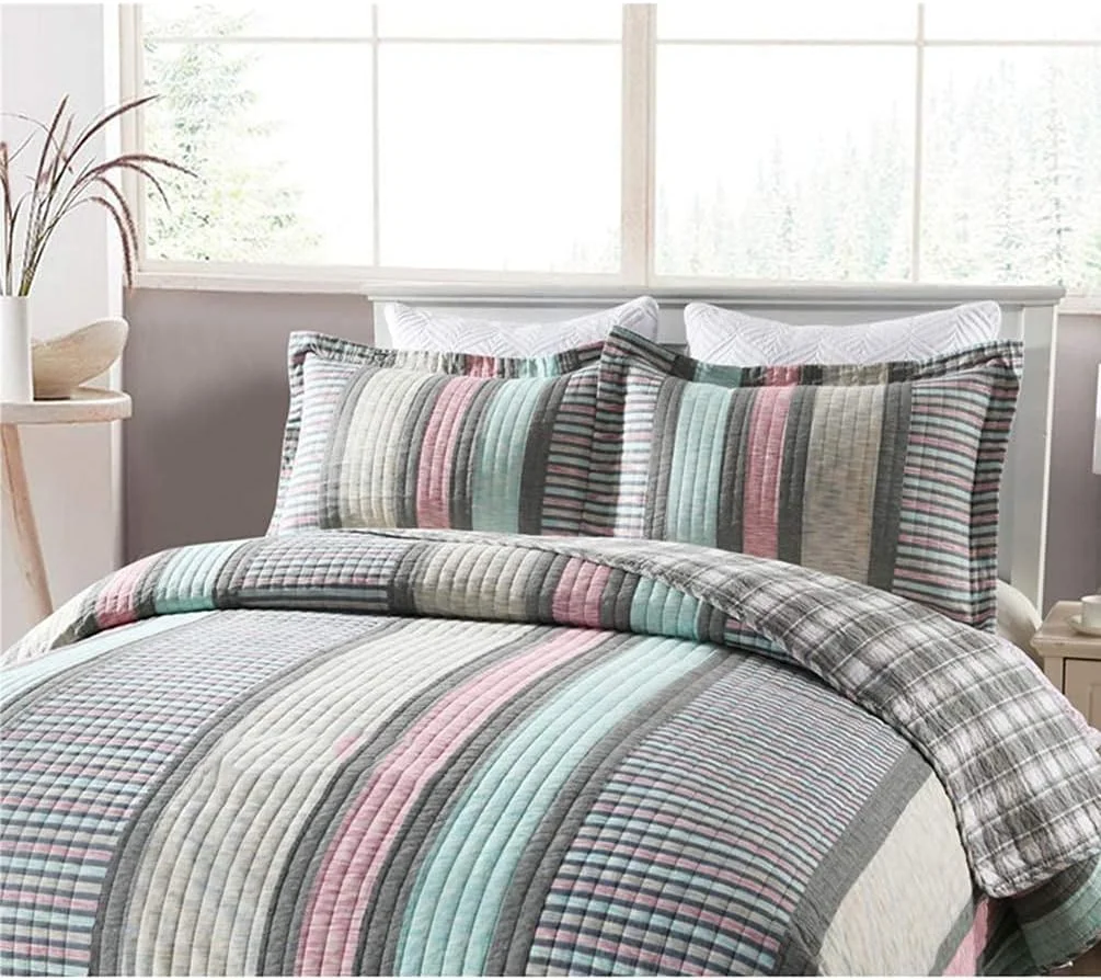 روتختی تکه دوزی سه تکه سایز کینگ، طرح راه راه بوهمی خاکستری، سبک وزن، پنبه ای، لحافی، رو تختی و رو بالشتی