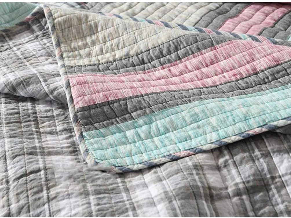 روتختی تکه دوزی سه تکه سایز کینگ، طرح راه راه بوهمی خاکستری، سبک وزن، پنبه ای، لحافی، رو تختی و رو بالشتی