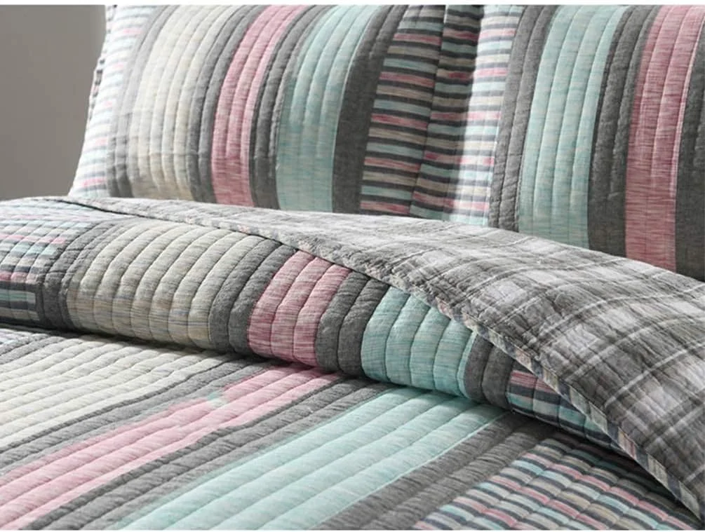 روتختی تکه دوزی سه تکه سایز کینگ، طرح راه راه بوهمی خاکستری، سبک وزن، پنبه ای، لحافی، رو تختی و رو بالشتی