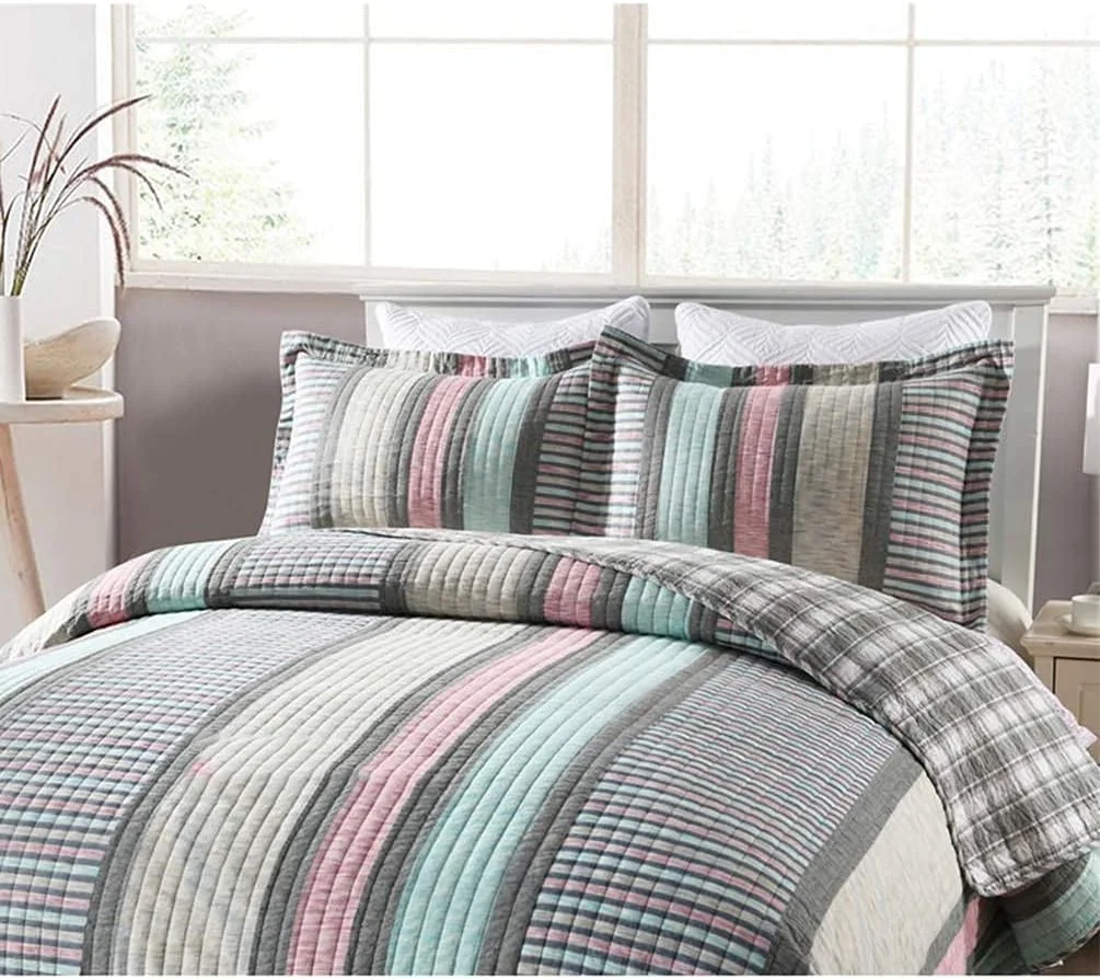 روتختی تکه دوزی سه تکه سایز کینگ، طرح راه راه بوهمی خاکستری، سبک وزن، پنبه ای، لحافی، رو تختی و رو بالشتی