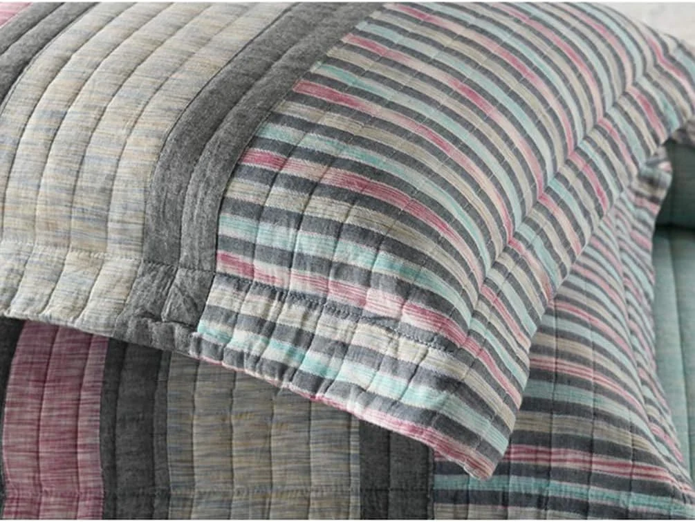 روتختی تکه دوزی سه تکه سایز کینگ، طرح راه راه بوهمی خاکستری، سبک وزن، پنبه ای، لحافی، رو تختی و رو بالشتی