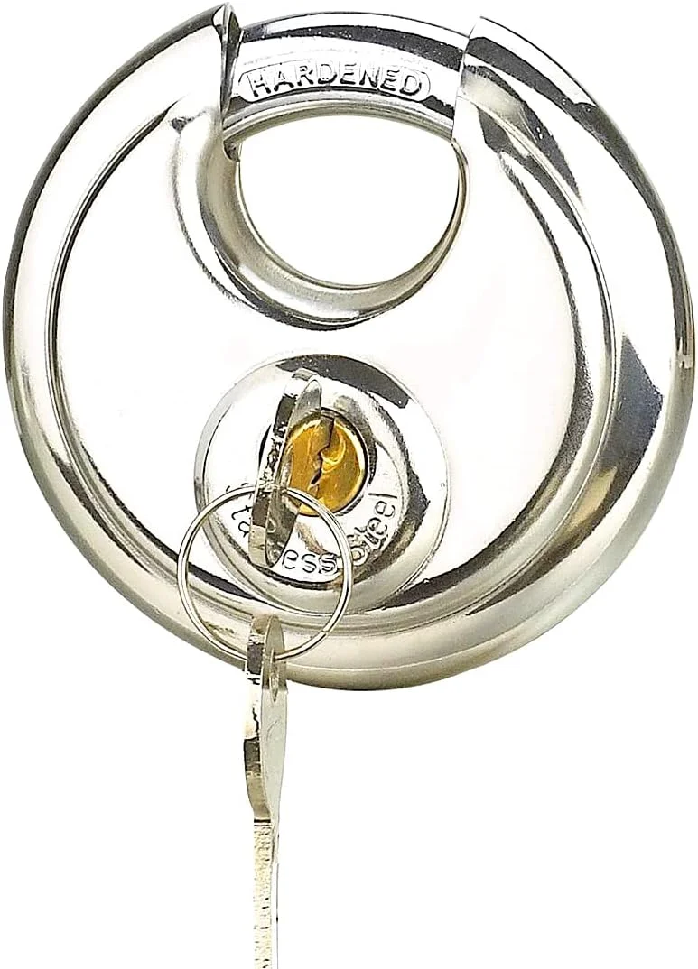 قفل دیسکی استیل ضد زنگ با 2 کلید، قفل دیسکی سنگین و ضد زنگ با حلقه فولادی سخت شده برای امنیت داخلی و خارجی، واحد ذخیره سازی، تریلر، جعبه ابزار، دروازه، سوله، حصار (1 عدد)