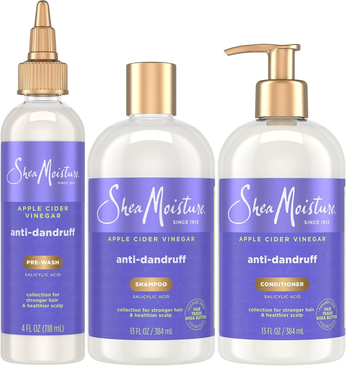 مجموعه ۳ عددی شامپو ضد شوره SheaMoisture (۳۵۵ میلی لیتر) + نرم کننده (۳۵۵ میلی لیتر) + پیش شستشو (۱۱۸ میلی لیتر) ضد شوره حاوی اسید سالیسیلیک و ویتامین B3، سرکه سیب