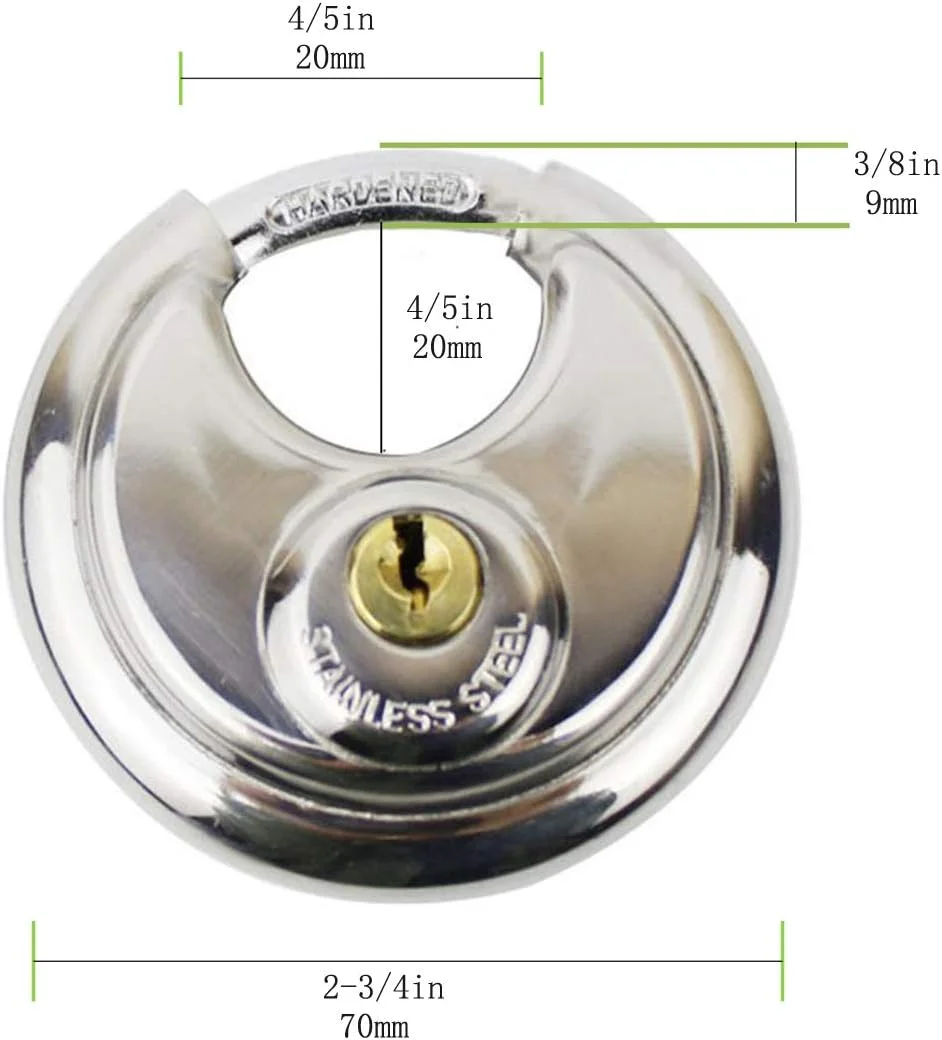قفل دیسکی استیل ضد زنگ با 2 کلید، قفل دیسکی سنگین و ضد زنگ با حلقه فولادی سخت شده برای امنیت داخلی و خارجی، واحد ذخیره سازی، تریلر، جعبه ابزار، دروازه، سوله، حصار (1 عدد)