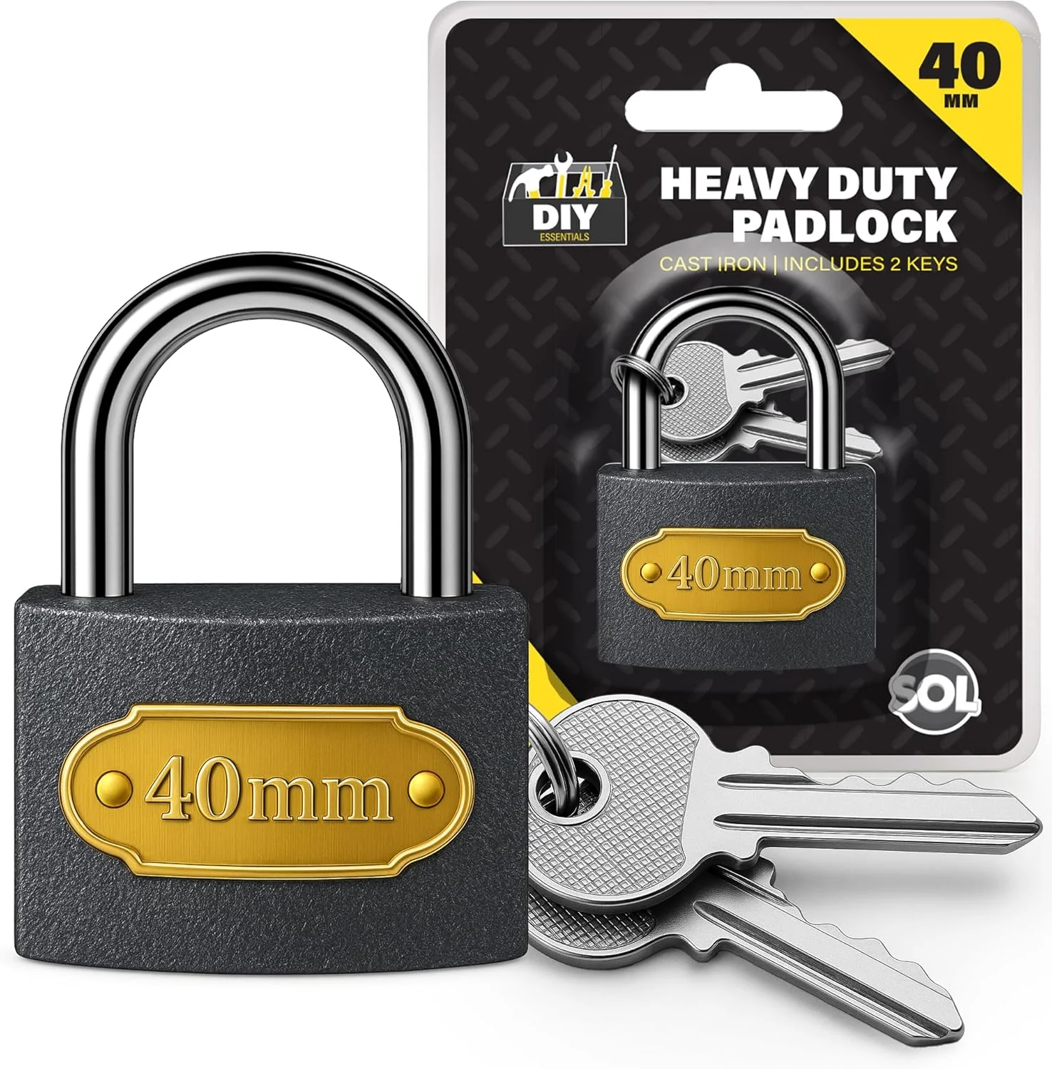 قفل آویز سنگین 40 میلی متری SOL 2، قفل های آویز با کلید، قفل های آویز سنگین مناسب فضای باز، قفل ایده آل برای سوله، حصار، گاراژ، قفل های آویز با کلید