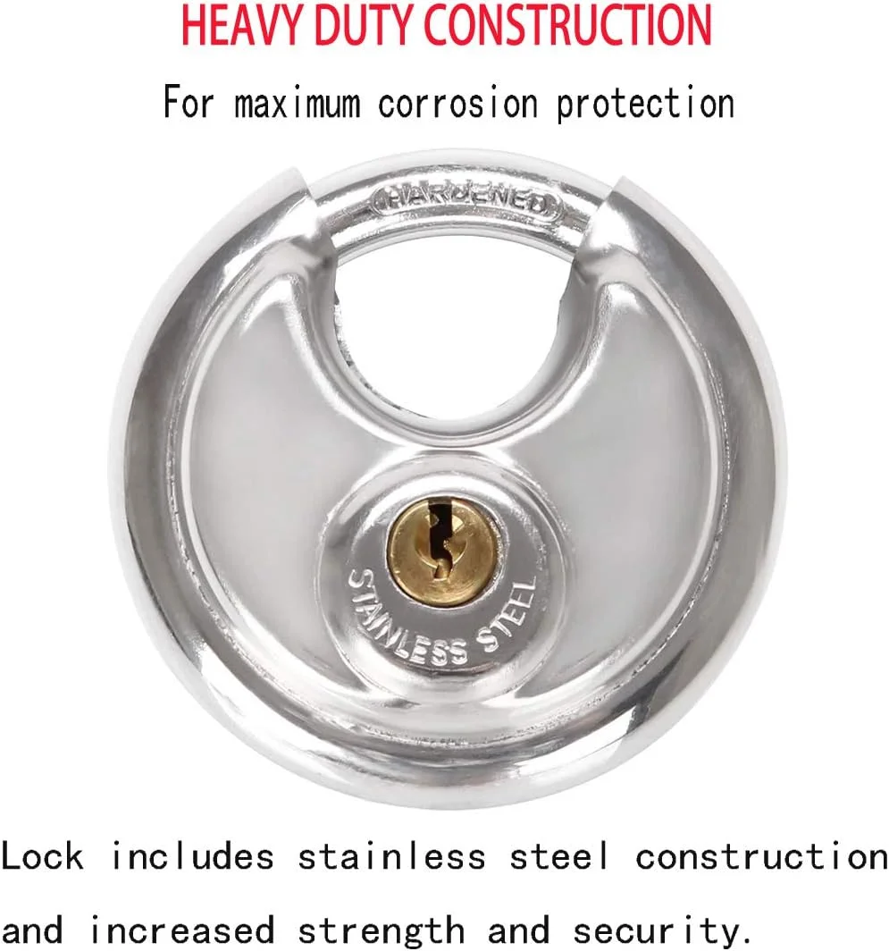قفل دیسکی استیل ضد زنگ با 2 کلید، قفل دیسکی سنگین و ضد زنگ با حلقه فولادی سخت شده برای امنیت داخلی و خارجی، واحد ذخیره سازی، تریلر، جعبه ابزار، دروازه، سوله، حصار (1 عدد)