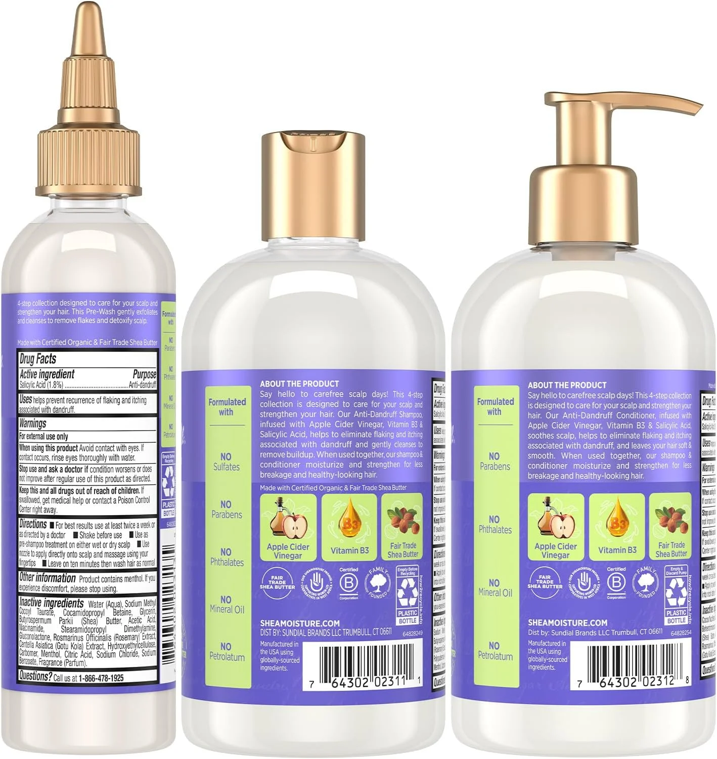 مجموعه ۳ عددی شامپو ضد شوره SheaMoisture (۳۵۵ میلی لیتر) + نرم کننده (۳۵۵ میلی لیتر) + پیش شستشو (۱۱۸ میلی لیتر) ضد شوره حاوی اسید سالیسیلیک و ویتامین B3، سرکه سیب مجموعه ۳ عددی شامپو ضد شوره SheaMoisture (۳۵۵ میلی لیتر) + نرم کننده (۳۵۵ میلی لیتر) + پیش شستشو (۱۱۸ میلی لیتر) ضد شوره حاوی اسید سالیسیلیک و ویتامین B3، سرکه سیب