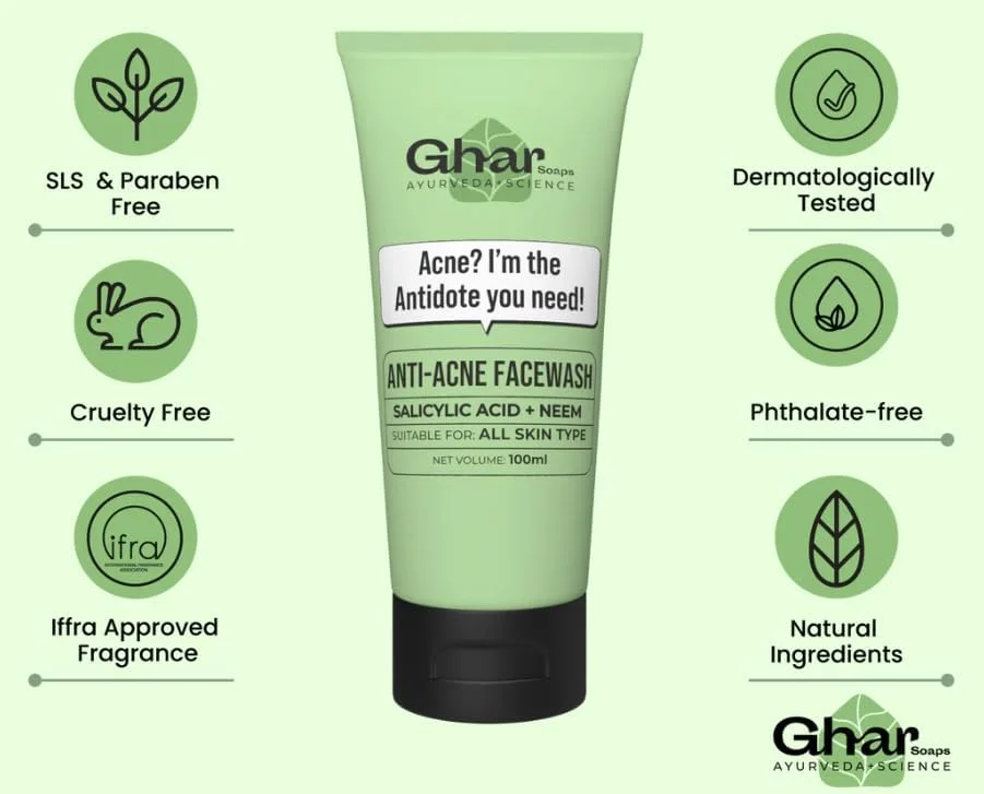 شوینده صورت ضد آکنه 2% Ghar حاوی اسید سالیسیلیک و عصاره درخت چریش، شوینده طبیعی صورت برای پوست مستعد آکنه، شوینده گیاهی برای داشتن پوستی سالم و شفاف کننده آکنه، فاقد سولفات، مناسب آقایان و بانوان | 100 میلی لیتر