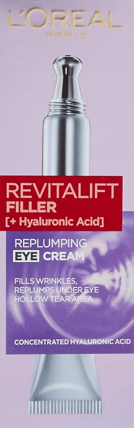 کرم دور چشم ضد پیری و پرکننده Revitalift Filler لورآل پاریس، هدف قرار دادن چین و چروک، پر کردن و حجیم کردن ناحیه زیر چشم، با اسید هیالورونیک غلیظ، 15 میلی لیتر