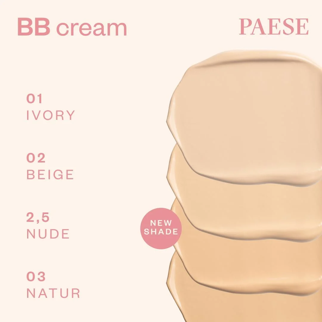 کرم BB Paese حاوی اسید هیالورونیک، کرم رنگی مرطوب کننده سبک برای پوشش طبیعی و پوست درخشان، آبرسان، یکنواخت کننده رنگ پوست، ضد قرمزی، مناسب برای انواع پوست، 01N Ivory، 30 میلی لیتر