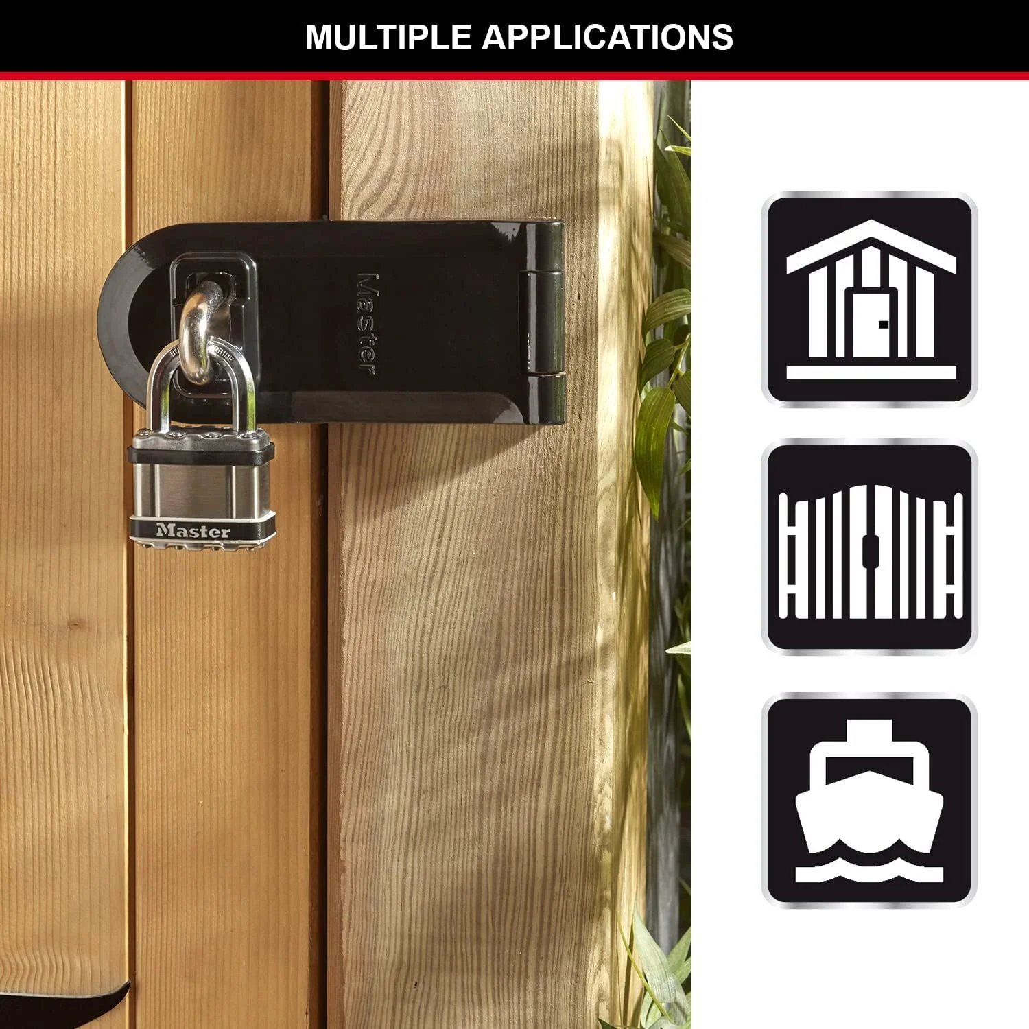 قفل آویز سنگین MASTER LOCK، سطح امنیت 9/10، مناسب محیط دریایی، فولاد لایه ای، پوشش بدنه استیل ضد زنگ، مقاوم در برابر آب و هوا، میله استاندارد