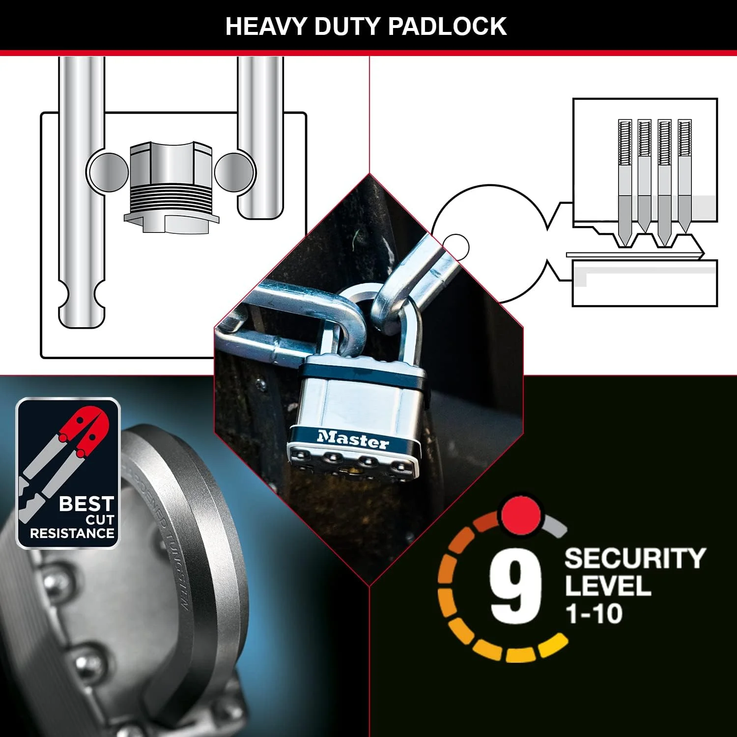 قفل آویز سنگین MASTER LOCK، سطح امنیت 9/10، مناسب محیط دریایی، فولاد لایه ای، پوشش بدنه استیل ضد زنگ، مقاوم در برابر آب و هوا، میله استاندارد