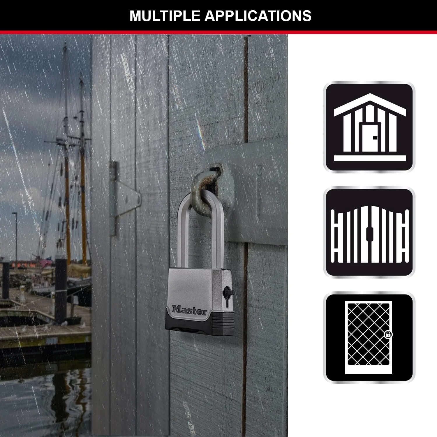 قفل آویز سنگین MASTER LOCK، سطح امنیت 9/10، مناسب فضای باز، کلیدی یا ترکیبی، جنس زینک، مقاوم در برابر آب و هوا، میله بلند