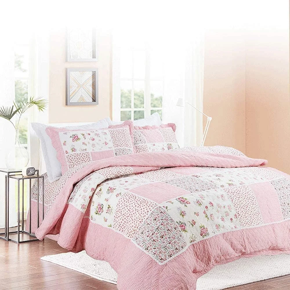 Pink Floral Patchwork Quilt Throw 3PCS Reversible Bedspread Quilted Bedding Cotton Rustic Style Bed Covers Coverlet Blanket Pillowcases,Suitable for The Four Seasons,