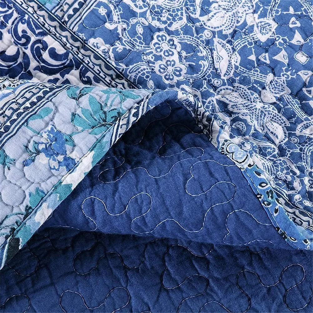 روتختی تکه دوزی شده کینگ سایز آبی 3 تکه طرح گلدار وینتیج، لحاف نرم و زیبا، رو تختی، روتختی مبل، پتوی مبل