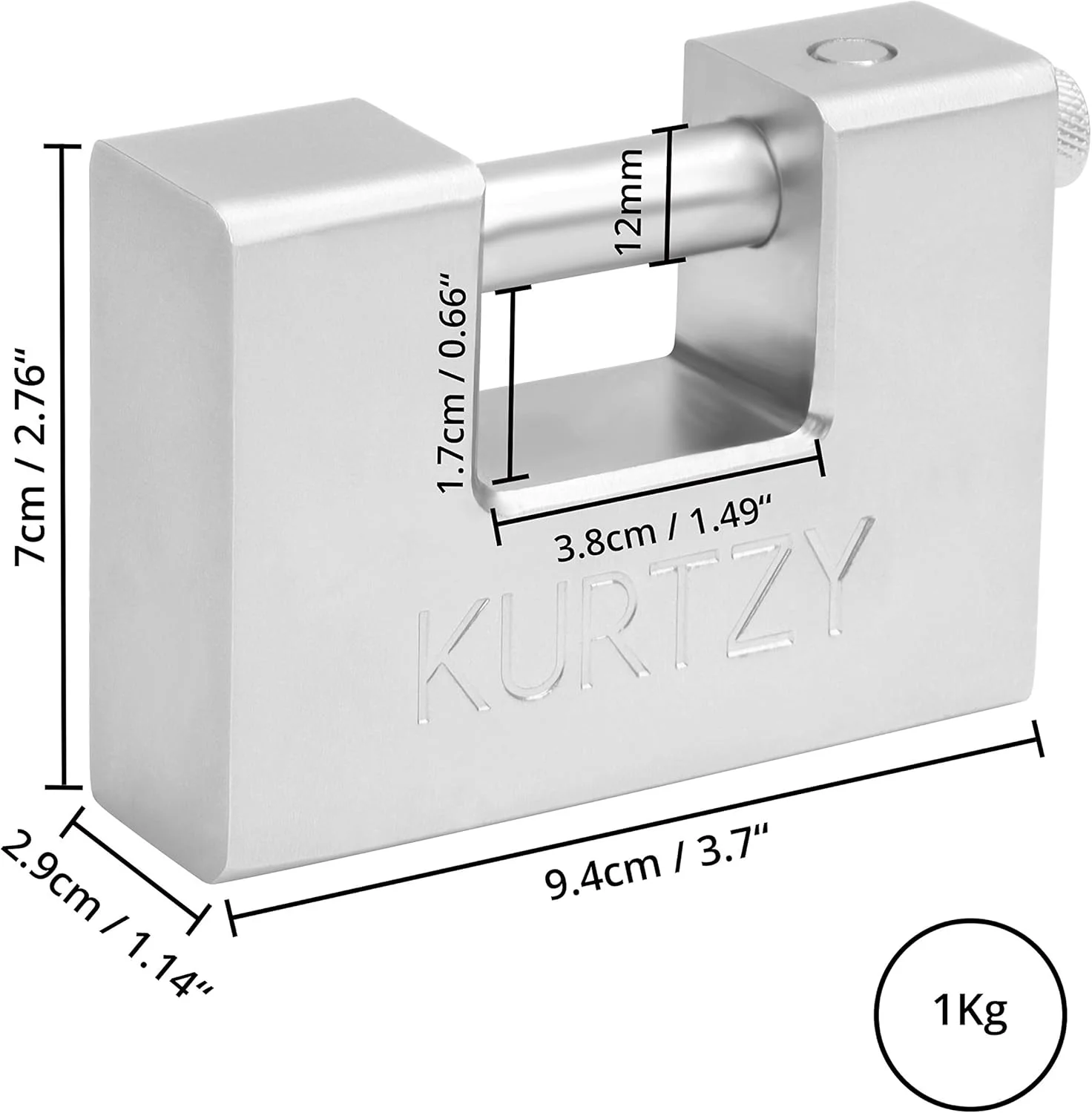 Kurtzy Heavy Duty 1kg Padlock with 5 Keys - Hardened Solid Steel Hardware Monoblock Lock - 12mm Thick Shackle - Protect Garages, Containers, Sheds, Shutters, Lockers, Gates and Warehouses