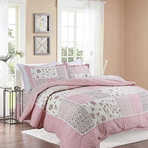 Pink Floral Patchwork Quilt Throw 3PCS Reversible Bedspread Quilted Bedding Cotton Rustic Style Bed Covers Coverlet Blanket Pillowcases,Suitable for The Four Seasons,