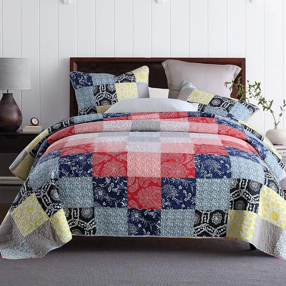 روتختی تکه دوزی شده به همراه 2 روبالشتی، روتختی پنبه ای آرامش بخش، طرح چهارخانه قابل شستشو و دو رو، 230 در 250 سانتی متر