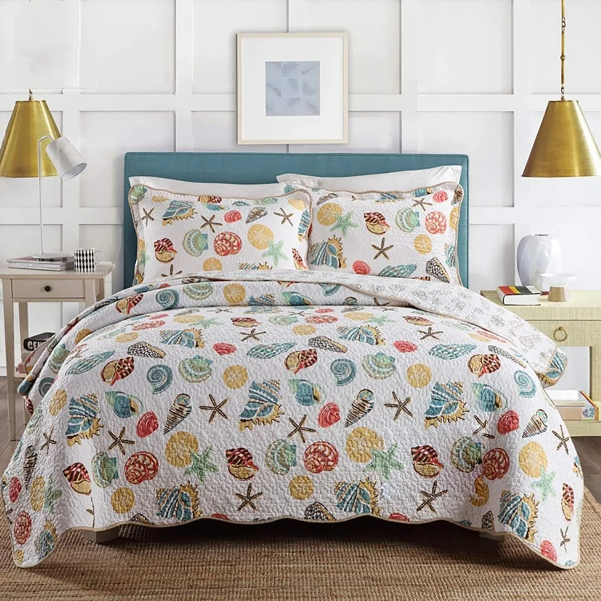 روتختی لحاف تکه دوزی شده با طرح دریایی، روانداز تخت خواب تنفسی و دو رو، روکش تخت دو نفره با 2 روبالشی، 230 در 250 سانتی متر