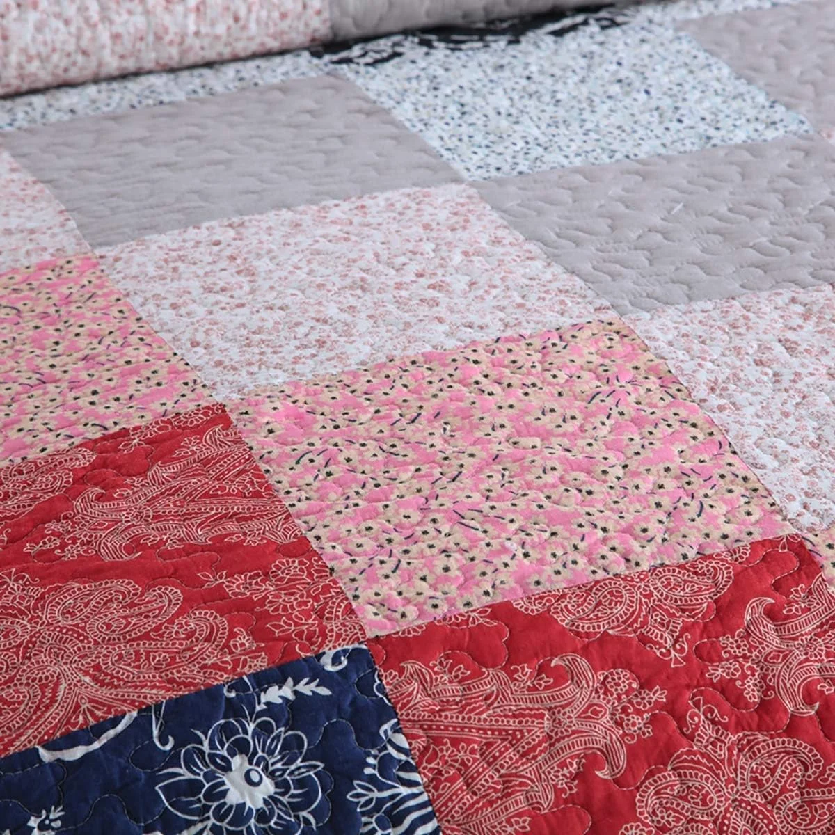 روتختی تکه دوزی شده به همراه 2 روبالشتی، روتختی پنبه ای آرامش بخش، طرح چهارخانه قابل شستشو و دو رو، 230 در 250 سانتی متر