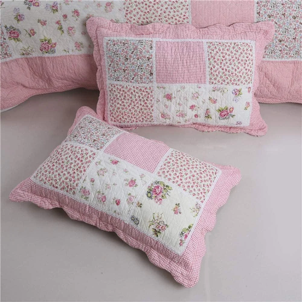 Pink Floral Patchwork Quilt Throw 3PCS Reversible Bedspread Quilted Bedding Cotton Rustic Style Bed Covers Coverlet Blanket Pillowcases,Suitable for The Four Seasons,