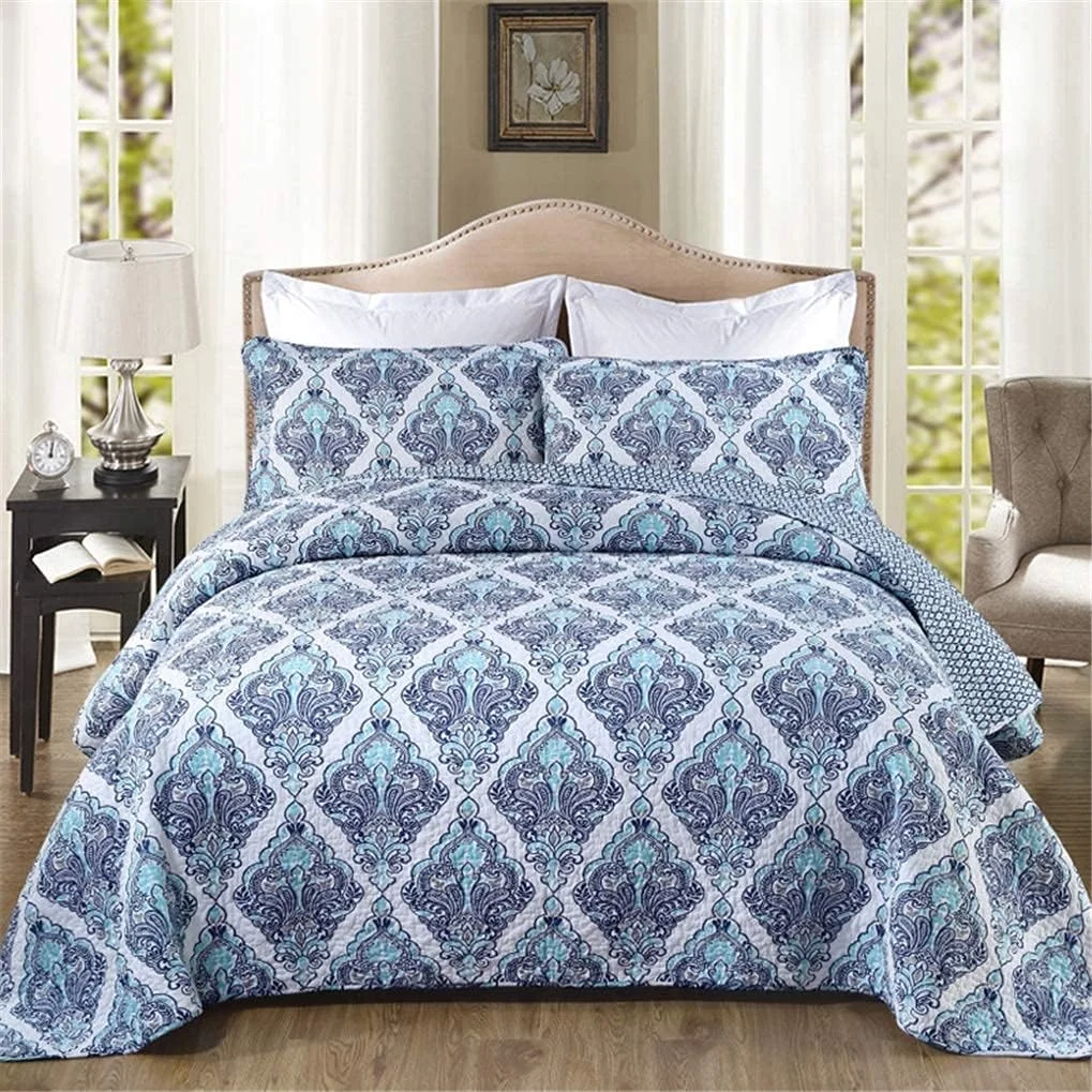 روتختی تکه دوزی شده به همراه 2 روبالشتی، روکش مبل، روتختی ممتاز 230x250 سانتی متر، آبی