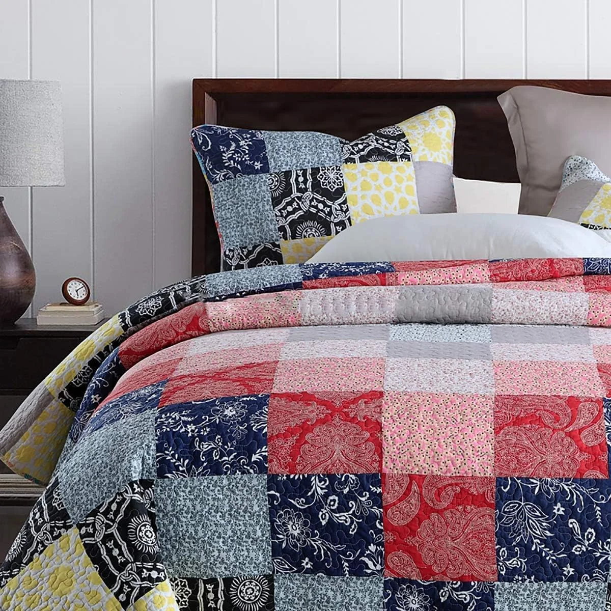 روتختی تکه دوزی شده به همراه 2 روبالشتی، روتختی پنبه ای آرامش بخش، طرح چهارخانه قابل شستشو و دو رو، 230 در 250 سانتی متر