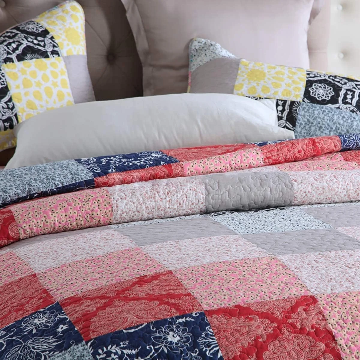 روتختی تکه دوزی شده به همراه 2 روبالشتی، روتختی پنبه ای آرامش بخش، طرح چهارخانه قابل شستشو و دو رو، 230 در 250 سانتی متر