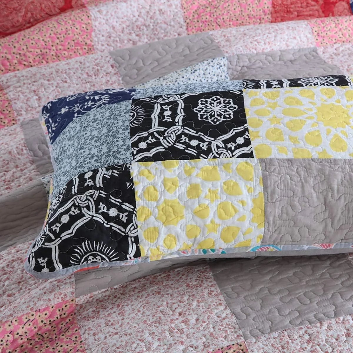 روتختی تکه دوزی شده به همراه 2 روبالشتی، روتختی پنبه ای آرامش بخش، طرح چهارخانه قابل شستشو و دو رو، 230 در 250 سانتی متر