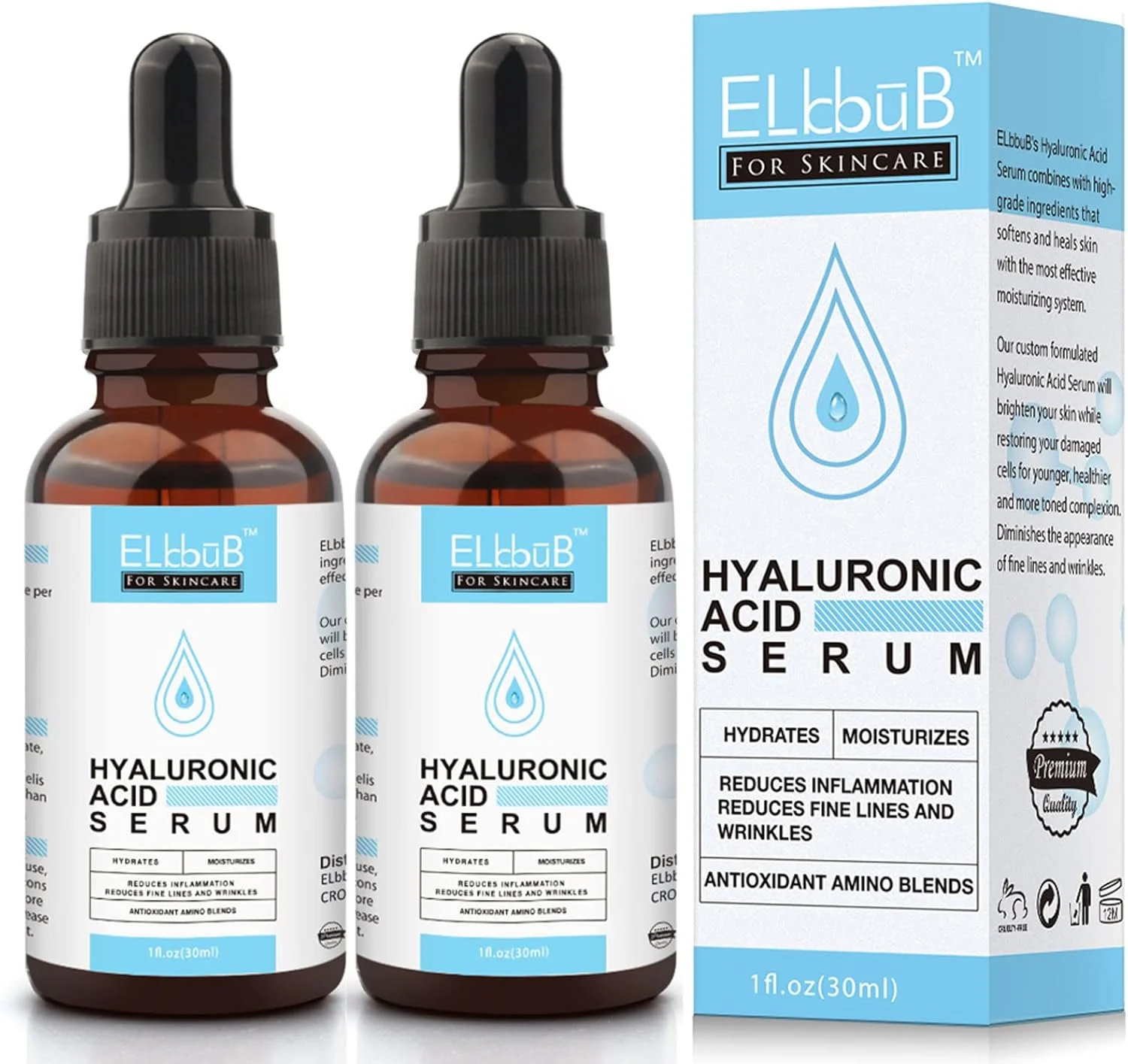 سرم هیالورونیک اسید ELBBUB - سرم ضد پیری و مرطوب کننده برای از بین بردن خطوط ریز و چین و چروک، نرم کننده، آبرسان، جذب آسان، سرم ضد پیری 30 میلی لیتر * 2