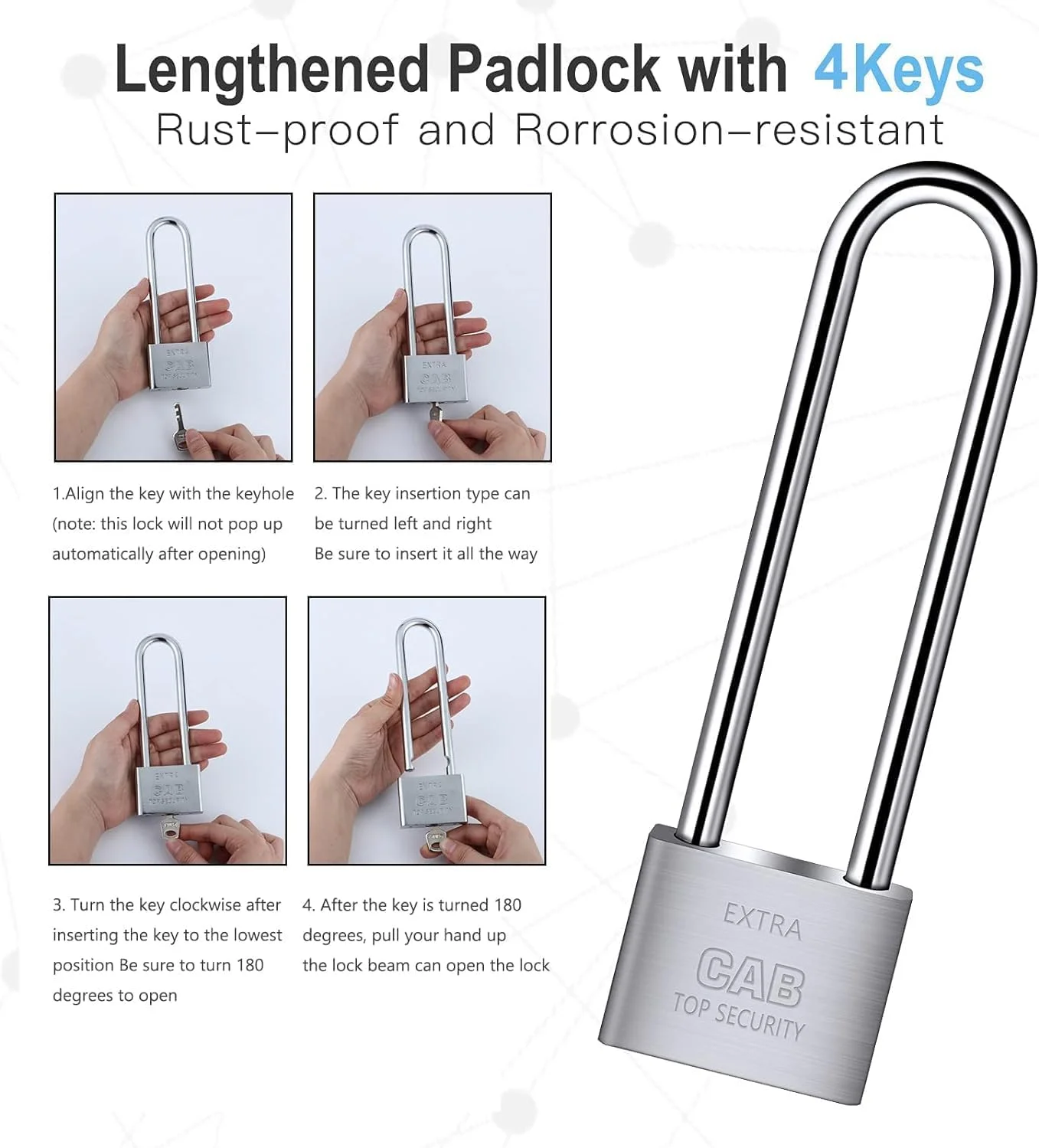 قفل آویز بلند Elvyagod با 4 کلید، قفل زنجیری 6.4 اینچی سنگین، قفل ضد آب با امنیت بالا برای انبارهای درب کانتینر گاراژ سوله