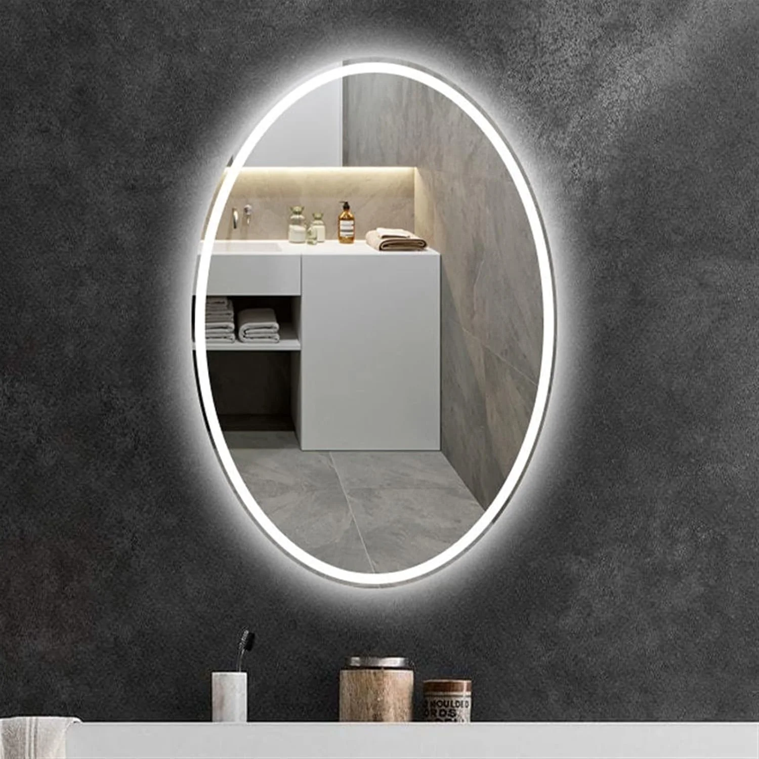 آینه حمام SEMOOR با نور سفید گرم، آینه ضد بخار هوشمند، آینه بیضی شکل برای آرایش و میز توالت