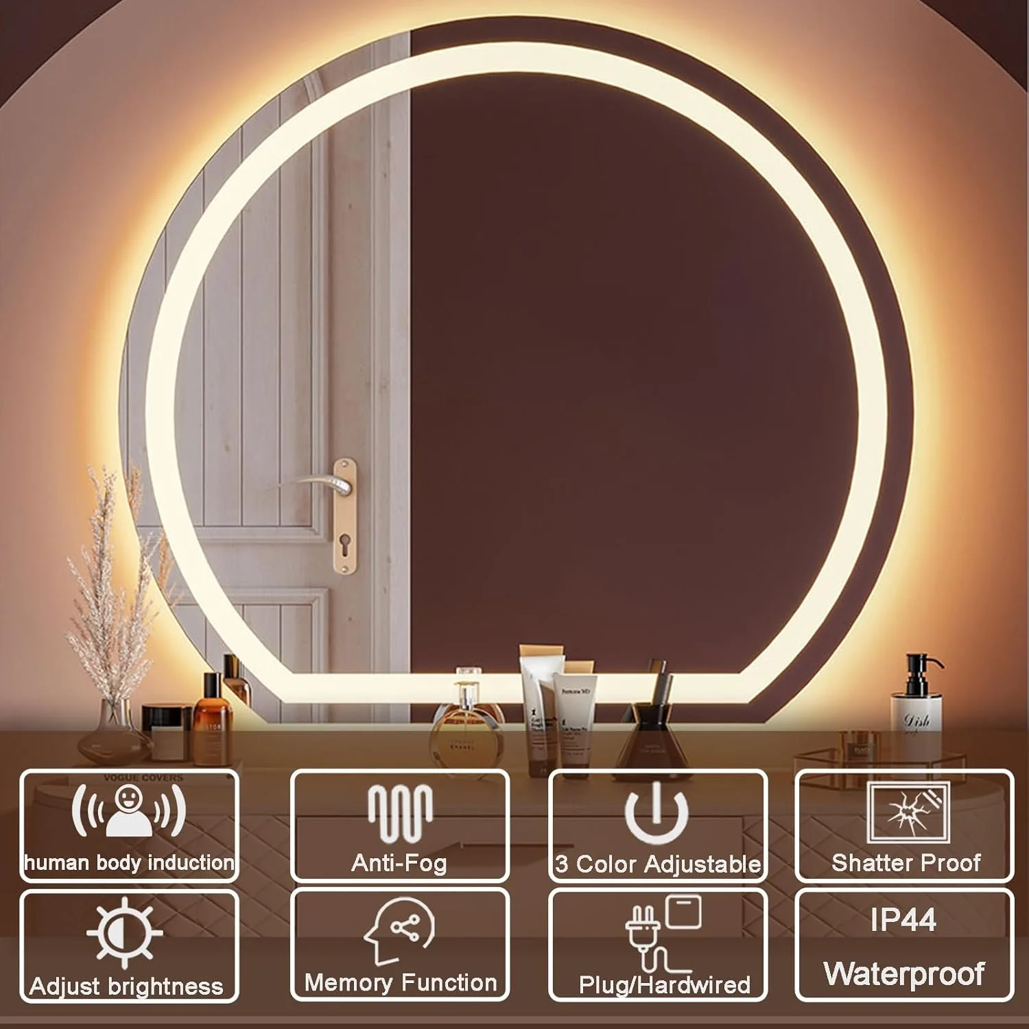 آینه روشویی نیم دایره با چراغ 24"x28"، آینه حمام LED دیواری با نور پس زمینه و نور جلو، دارای 3 رنگ، کم نور شونده پیوسته، حافظه، لمس هوشمند، ضد خرد شدن، هوشمند