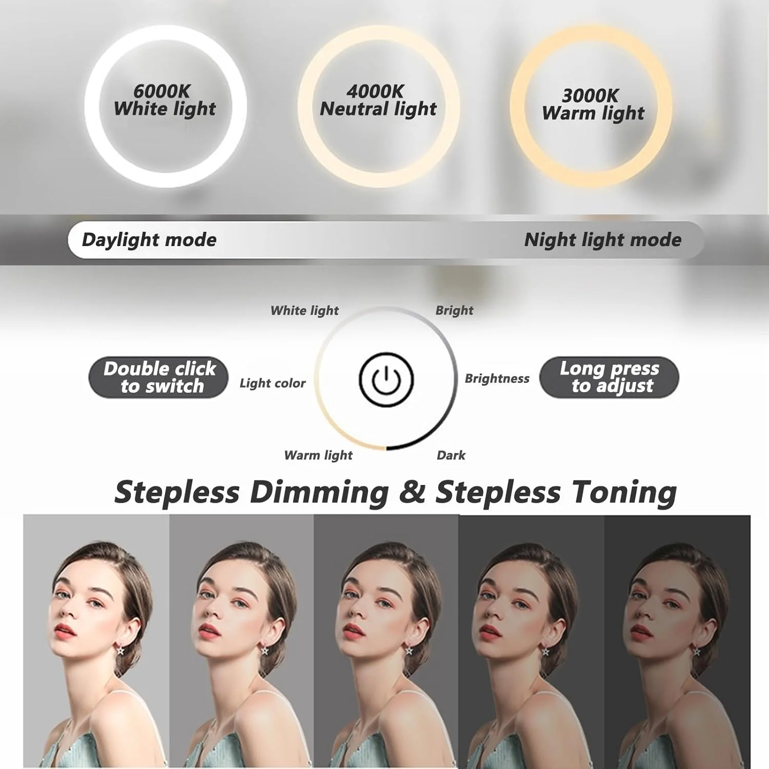 آینه حمام نیم دایره با چراغ، آینه حمام LED روشن با دیمستر و کلید حسگر لمسی، نور LED کم نور 3 رنگ، آینه روشویی حمام (رنگ: راست، اندازه: 23.6*47.2 اینچ/6