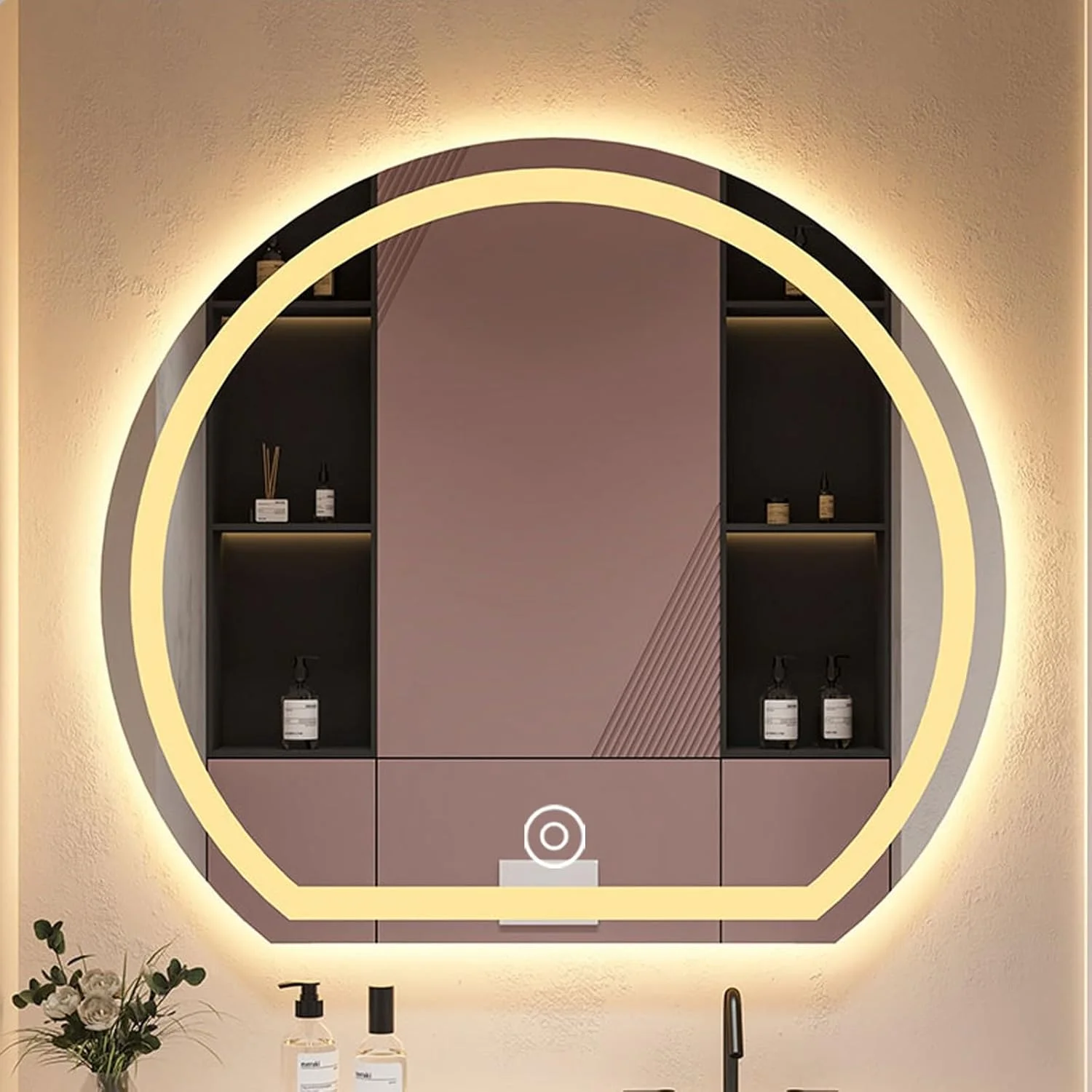 آینه حمام نیم دایره ای ال ای دی 28 اینچی با حافظه نور، نور پس زمینه و نور جلو، حسگر بدن انسان، آینه روشویی دیواری، آینه 3 رنگ با سوئیچ لمسی، ضد بخار خودکار