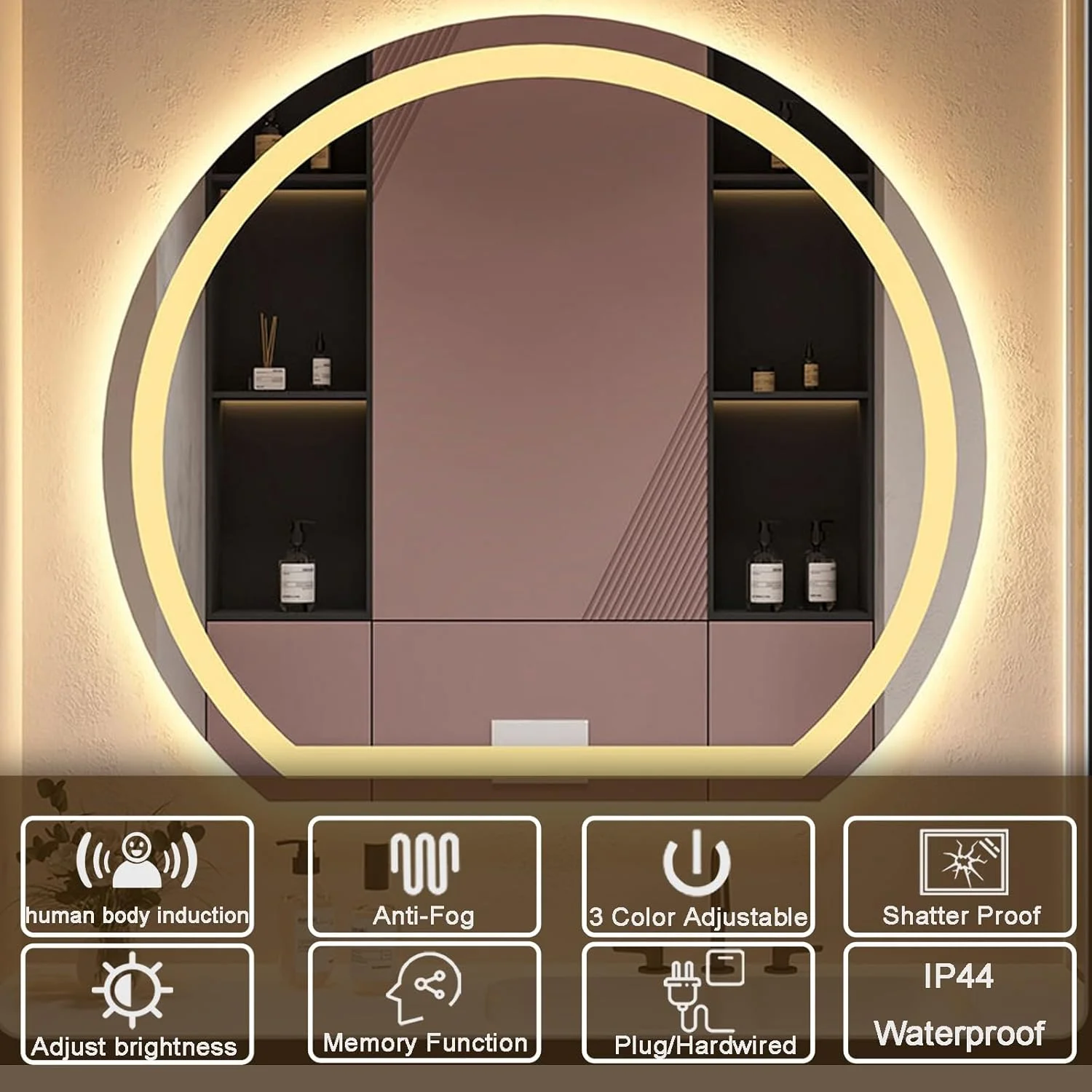 آینه حمام نیم دایره ای ال ای دی 28 اینچی با حافظه نور، نور پس زمینه و نور جلو، حسگر بدن انسان، آینه روشویی دیواری، آینه 3 رنگ با سوئیچ لمسی، ضد بخار خودکار