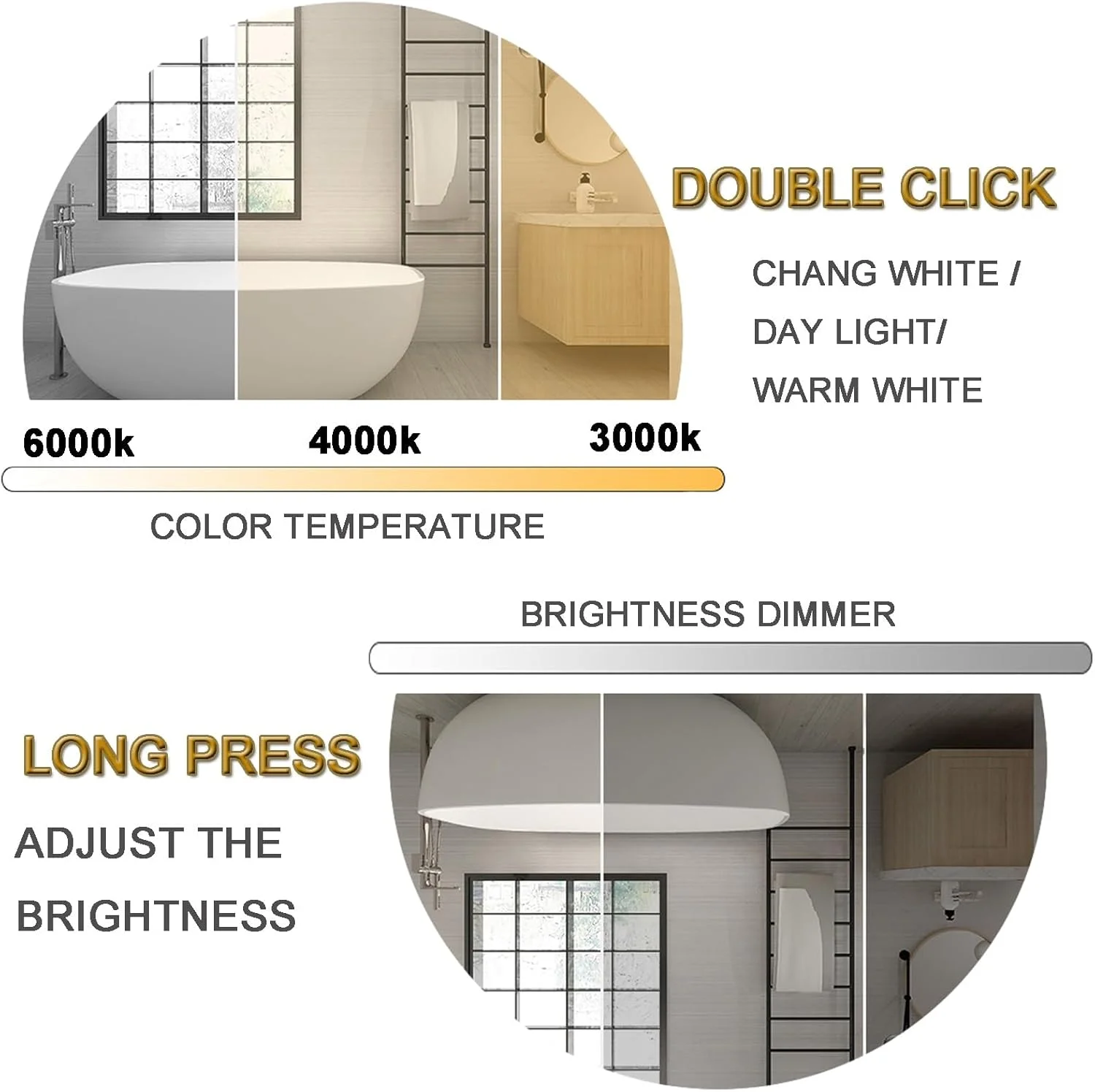 آینه حمام نیم دایره ای ال ای دی 28 اینچی با حافظه نور، نور پس زمینه و نور جلو، حسگر بدن انسان، آینه روشویی دیواری، آینه 3 رنگ با سوئیچ لمسی، ضد بخار خودکار