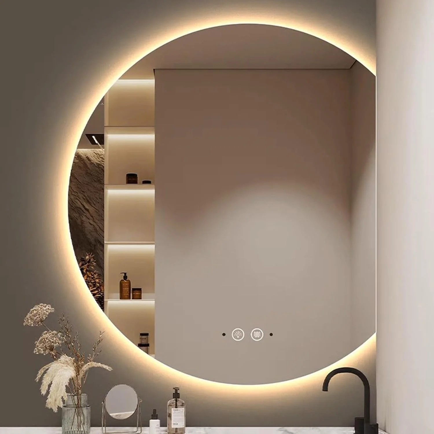 آینه حمام نیم دایره با نور LED، آینه روشویی دیواری نورانی با دیمستر، آینه تزئینی، سوئیچ حسگر لمسی، نور LED سه رنگ قابل تنظیم (رنگ: چپ، اندازه: 31.9*35.4 اینچ)