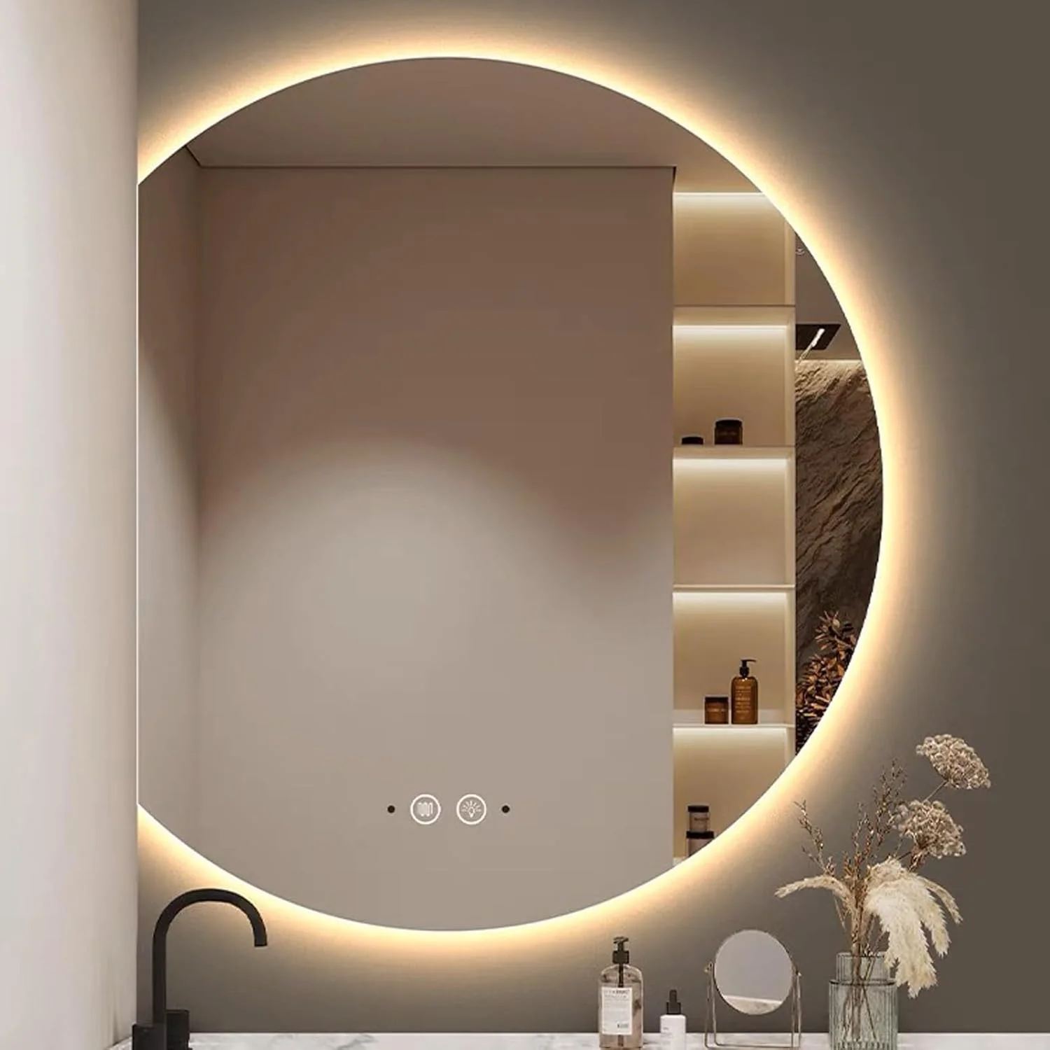 آینه نیم دایره ای حمام با نور LED، آینه روشویی دیواری نورانی با سیستم ضد بخار، آینه تزئینی، کلید حسگر لمسی، نور LED سه رنگ قابل تنظیم (رنگ: راست، اندازه: 35.4*39.4 اینچ)