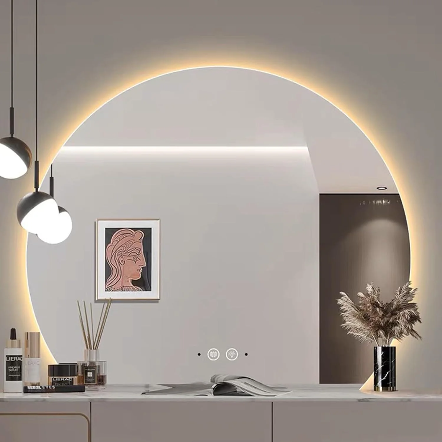 آینه حمام نیم دایره با نور LED، آینه روشویی دیواری نورانی با سیستم ضد بخار، آینه تزئینی، کلید حسگر لمسی، نور LED سه رنگ قابل تنظیم (رنگ: پایین، اندازه: 21.3*23.6 اینچ)