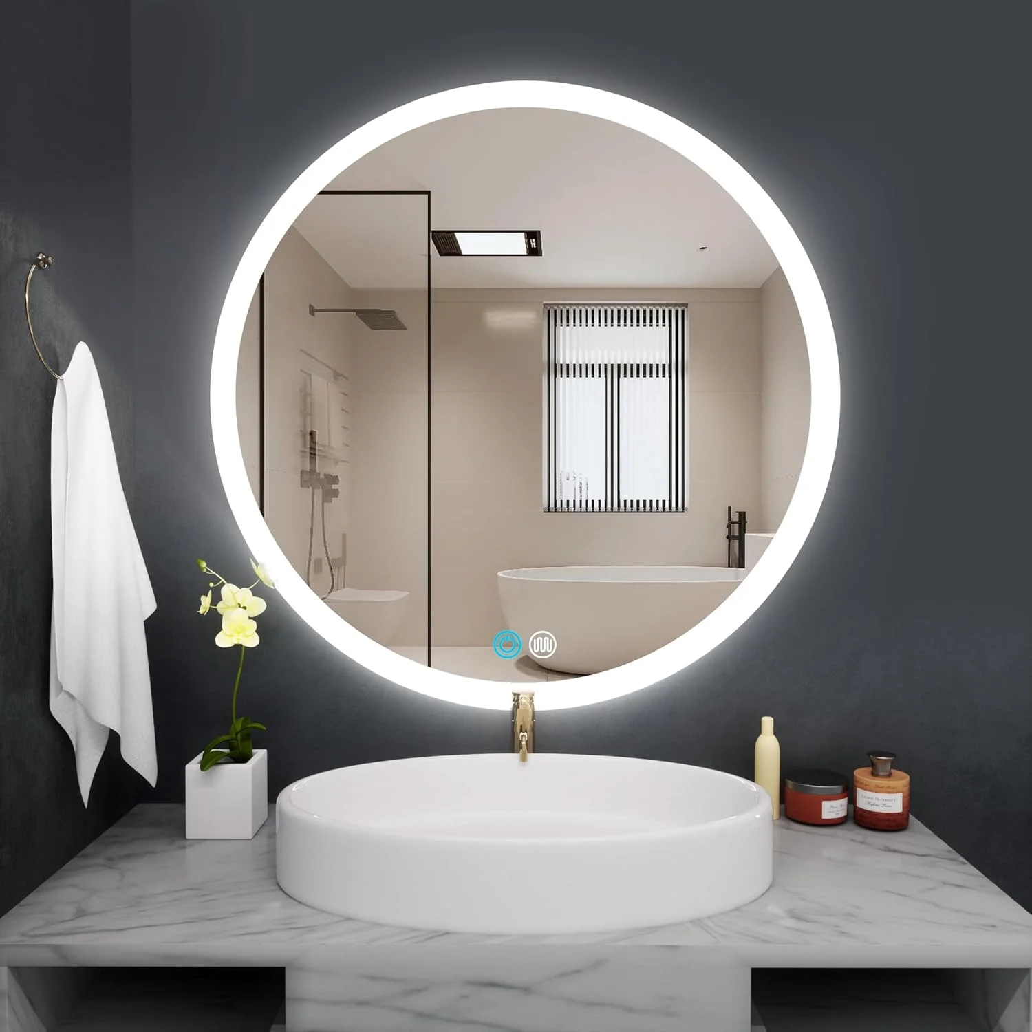 آینه حمام SDXYSTCE با نورپردازی، آینه گرد 80 سانتی متری با نور، آینه دیواری LED با کلید لمسی، 3 رنگ نور قابل تنظیم، ضد آب IP55، ضد بخار، شیشه سکوریت