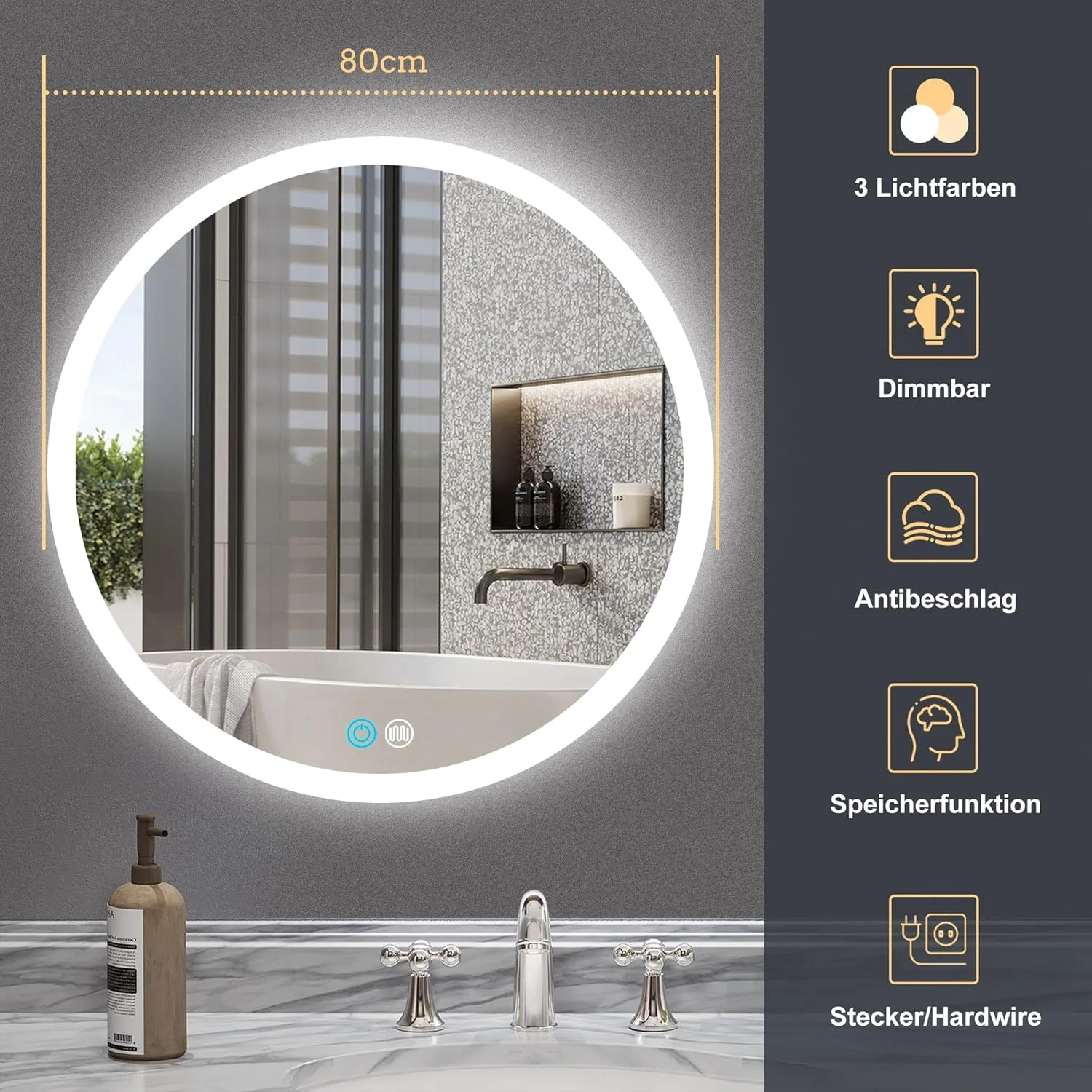 آینه حمام SDXYSTCE با نورپردازی، آینه گرد 80 سانتی متری با نور، آینه دیواری LED با کلید لمسی، 3 رنگ نور قابل تنظیم، ضد آب IP55، ضد بخار، شیشه سکوریت